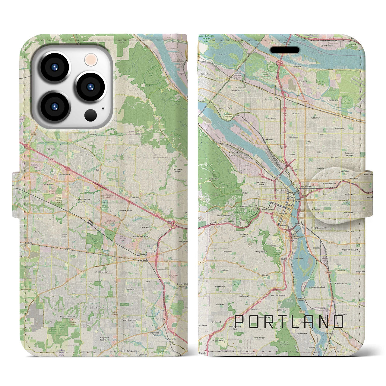【ポートランド(アメリカ)】地図柄iPhoneケース(手帳タイプ)ナチュラル・iPhone 13 Pro 用