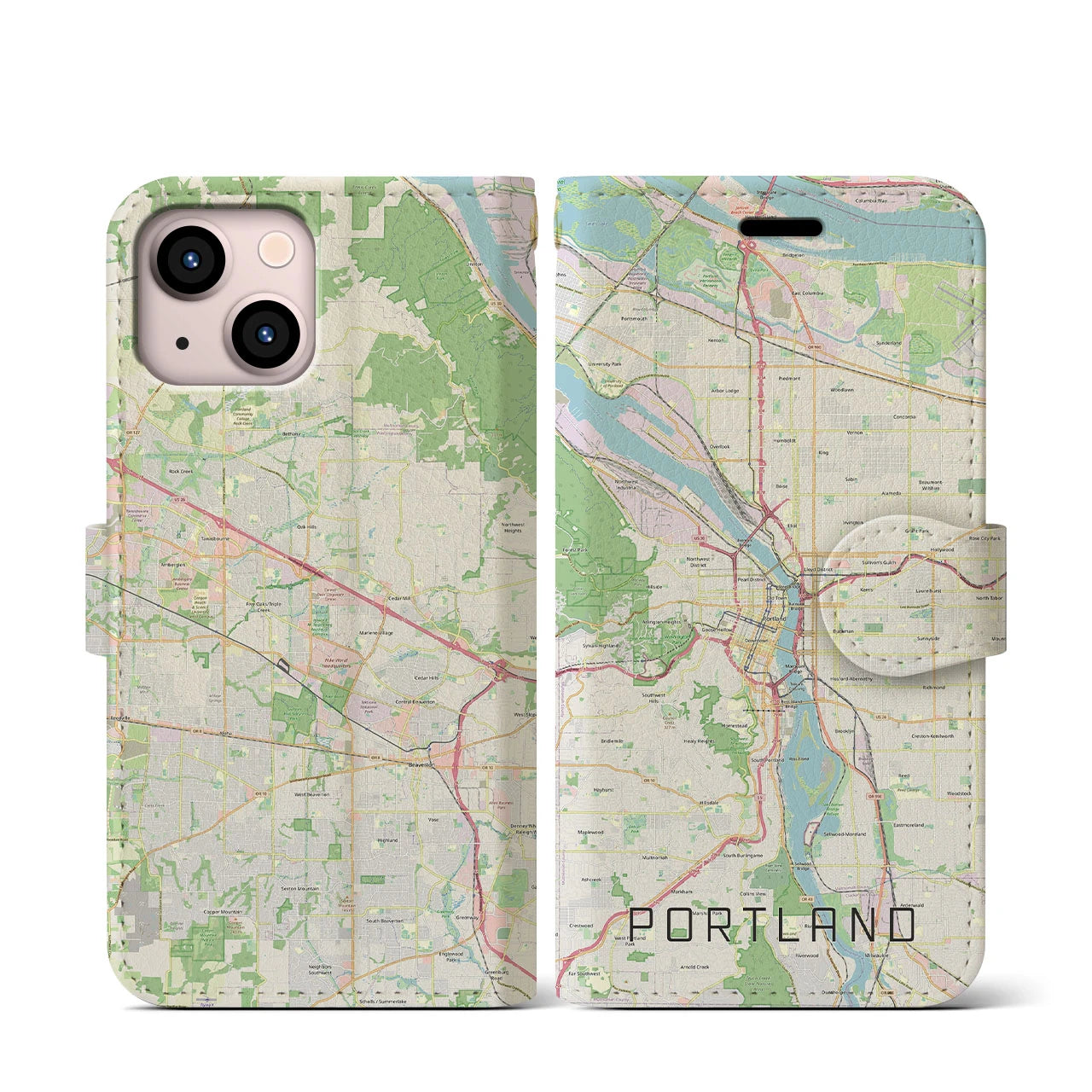 【ポートランド(アメリカ)】地図柄iPhoneケース(手帳タイプ)ナチュラル・iPhone 13 mini 用