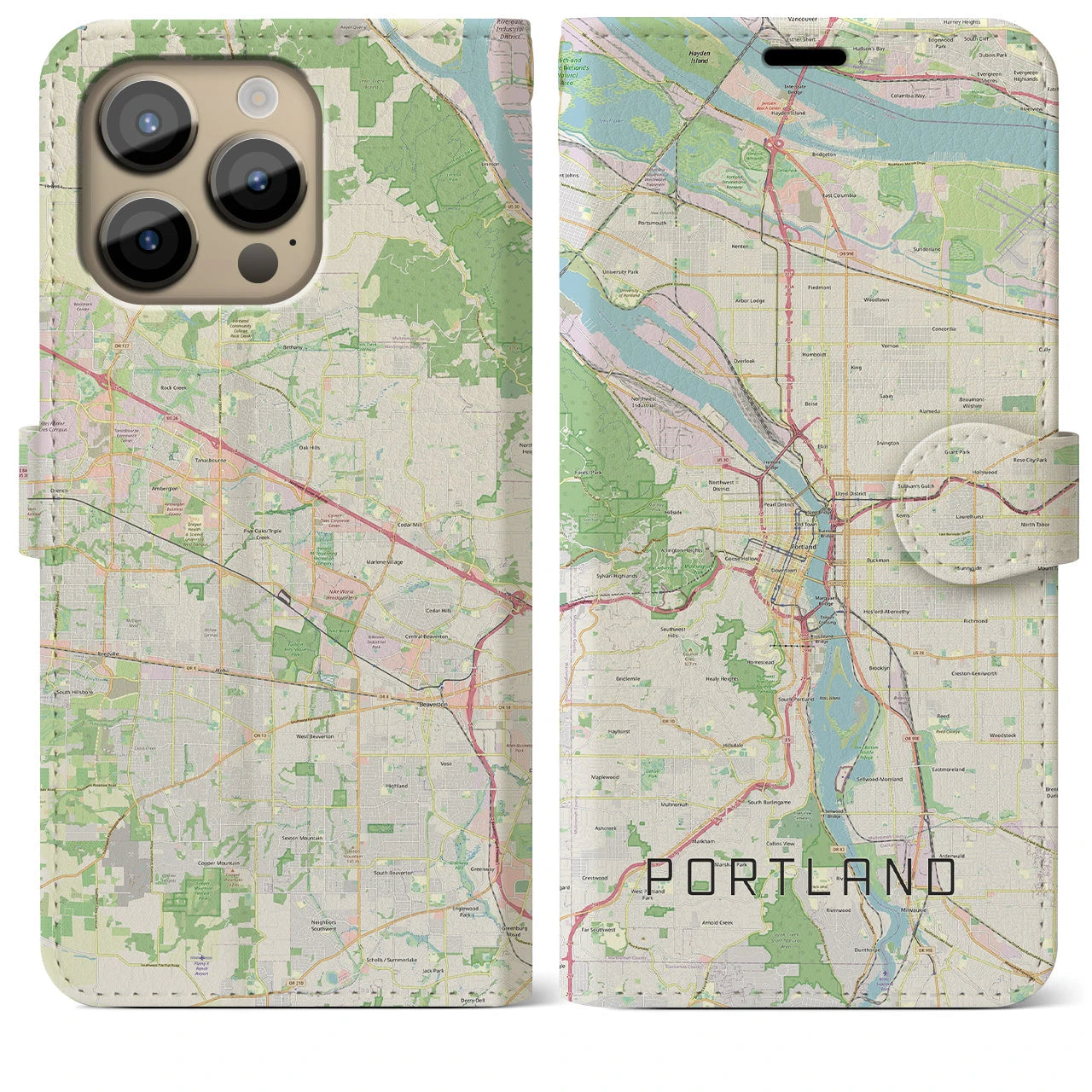 【ポートランド(アメリカ)】地図柄iPhoneケース(手帳タイプ)ナチュラル・iPhone 14 Pro Max 用