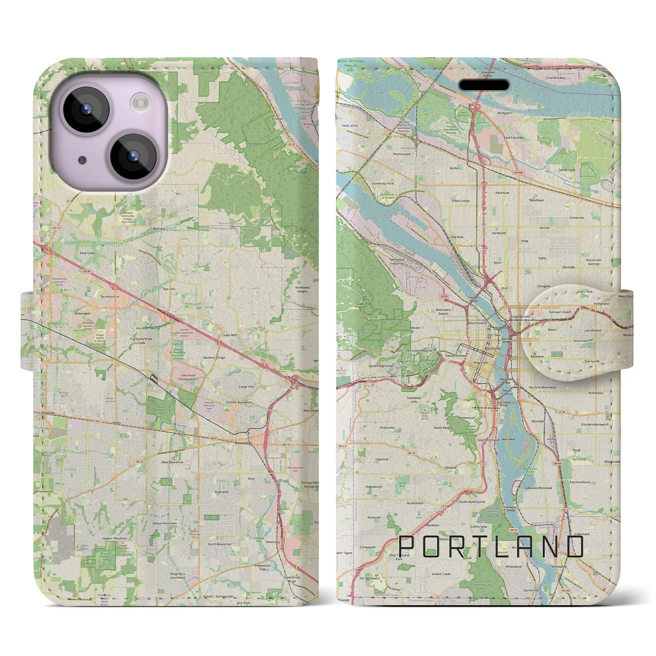 【ポートランド(アメリカ)】地図柄iPhoneケース(手帳タイプ)ナチュラル・iPhone 14 用