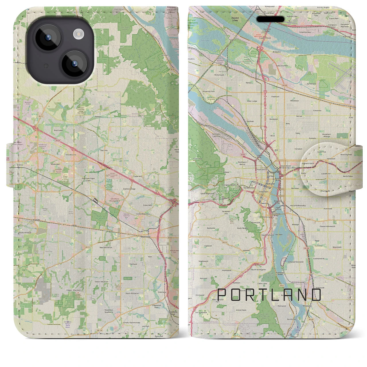 【ポートランド(アメリカ)】地図柄iPhoneケース(手帳タイプ)ナチュラル・iPhone 14 Plus 用