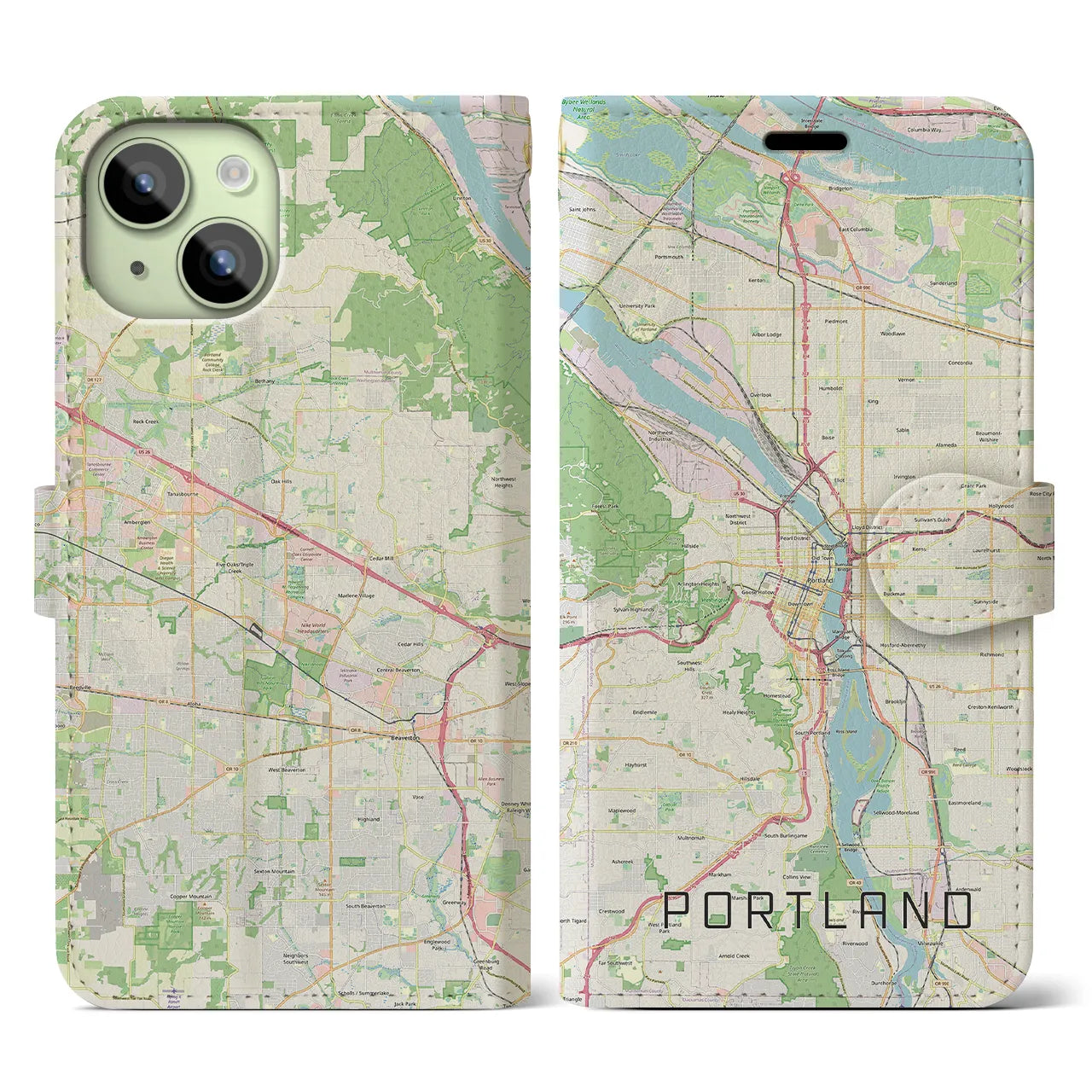 【ポートランド(アメリカ)】地図柄iPhoneケース(手帳タイプ)ナチュラル・iPhone 15 用