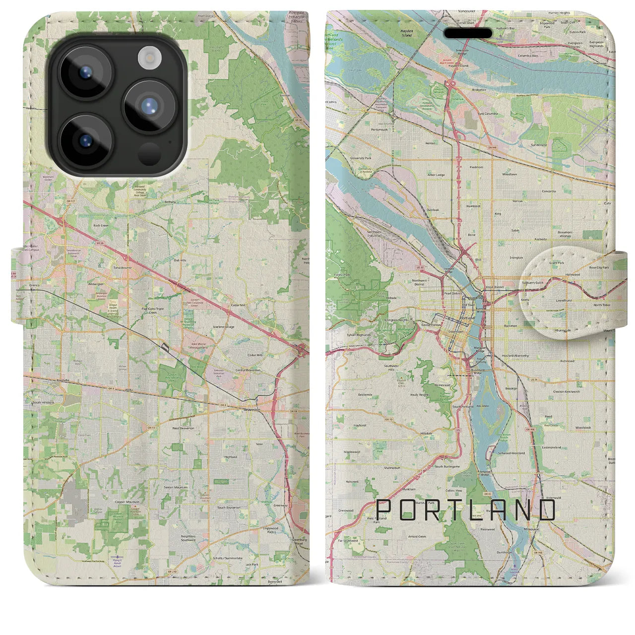 【ポートランド(アメリカ)】地図柄iPhoneケース(手帳タイプ)ナチュラル・iPhone 15 Pro Max 用