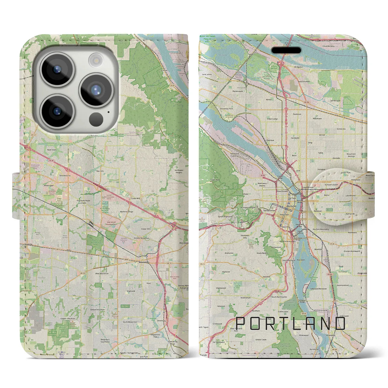 【ポートランド(アメリカ)】地図柄iPhoneケース(手帳タイプ)ナチュラル・iPhone 15 Pro 用