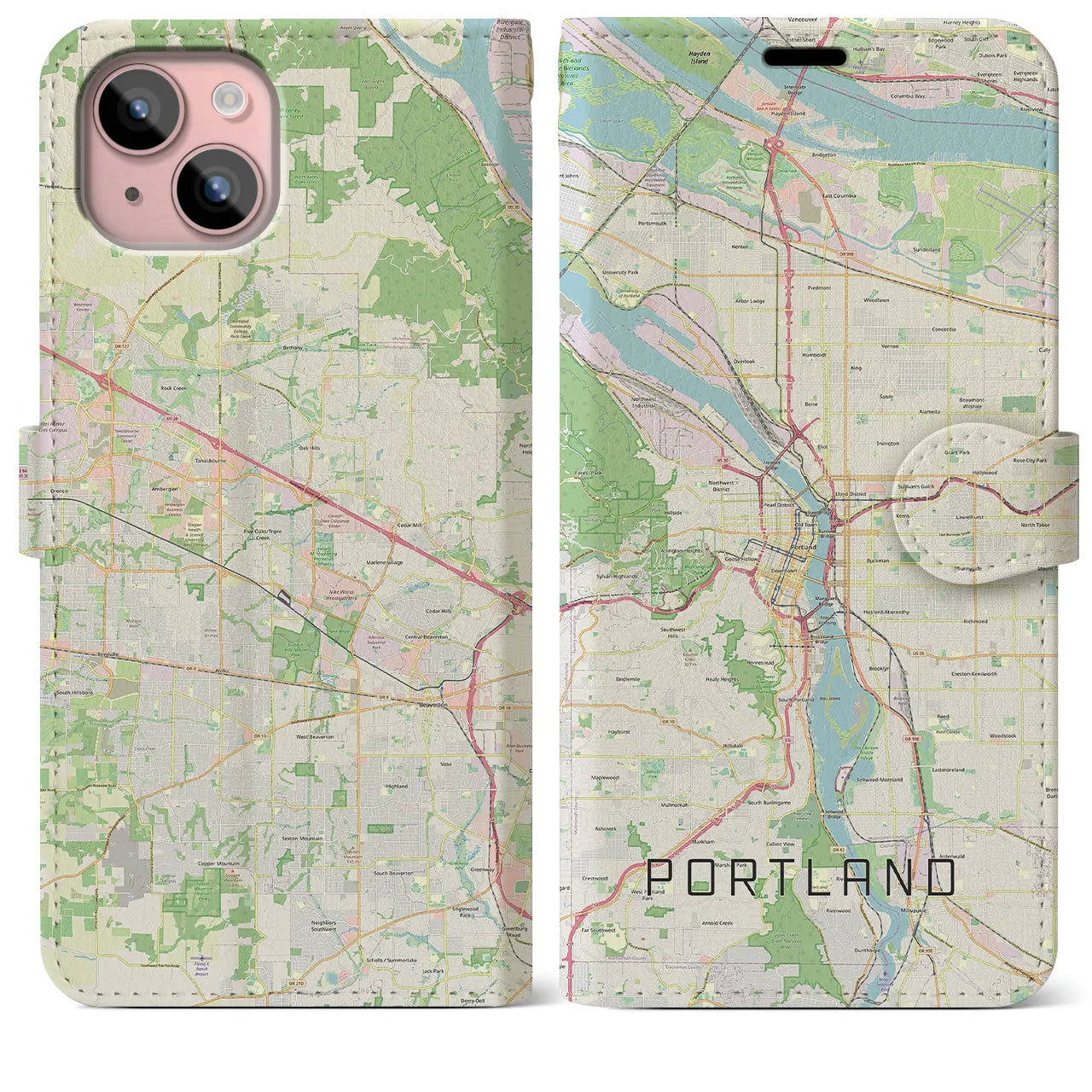 【ポートランド(アメリカ)】地図柄iPhoneケース(手帳タイプ)ナチュラル・iPhone 15 Plus 用