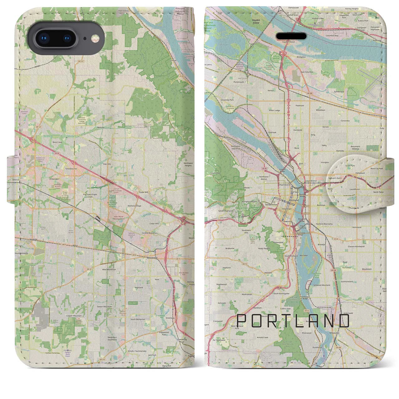 【ポートランド(アメリカ)】地図柄iPhoneケース(手帳タイプ)ナチュラル・iPhone 8Plus /7Plus / 6sPlus / 6Plus 用