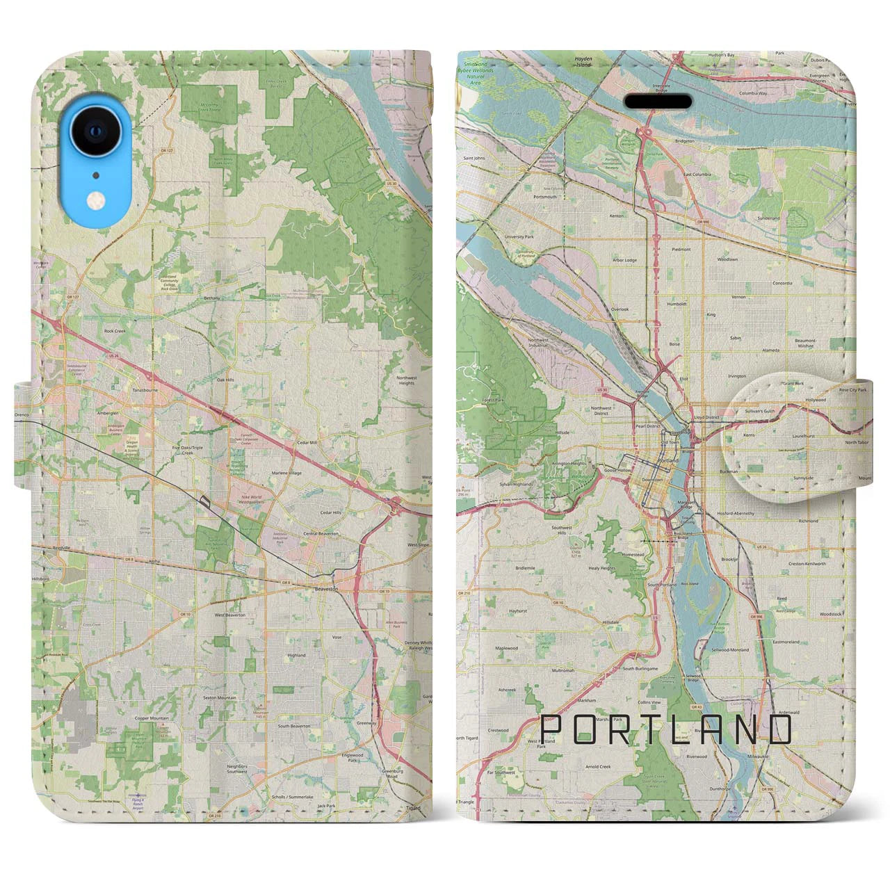 【ポートランド(アメリカ)】地図柄iPhoneケース(手帳タイプ)ナチュラル・iPhone XR 用