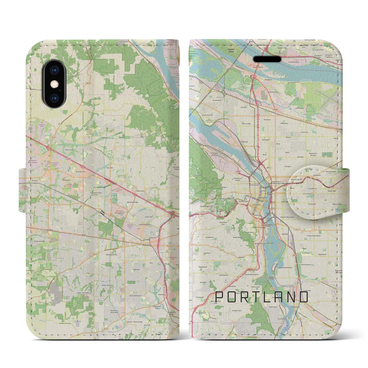 【ポートランド(アメリカ)】地図柄iPhoneケース(手帳タイプ)ナチュラル・iPhone XS / X 用