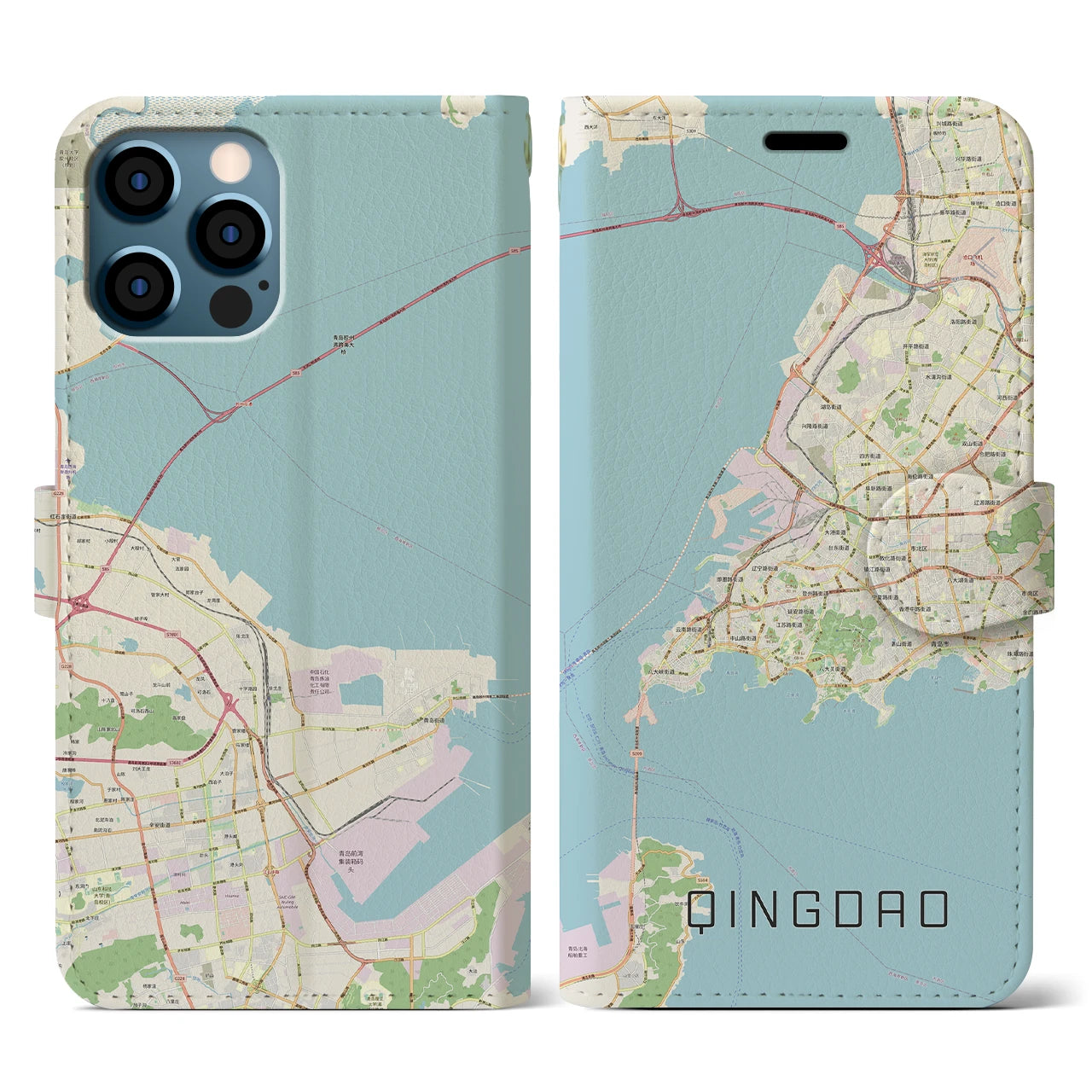 【青島(中華人民共和国)】地図柄iPhoneケース(手帳タイプ)ナチュラル・iPhone 12 / 12 Pro 用