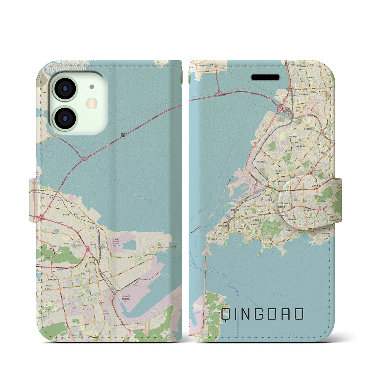 【青島(中華人民共和国)】地図柄iPhoneケース(手帳タイプ)ナチュラル・iPhone 12 mini 用