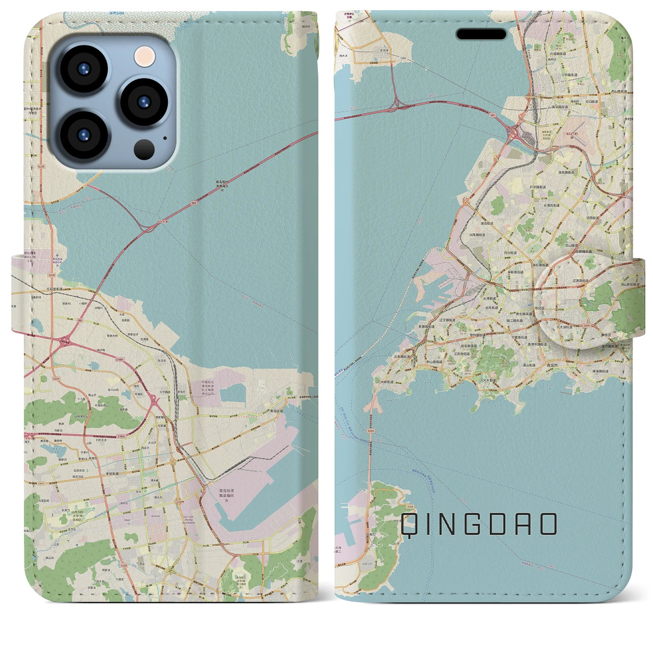 【青島(中華人民共和国)】地図柄iPhoneケース(手帳タイプ)ナチュラル・iPhone 13 Pro Max 用