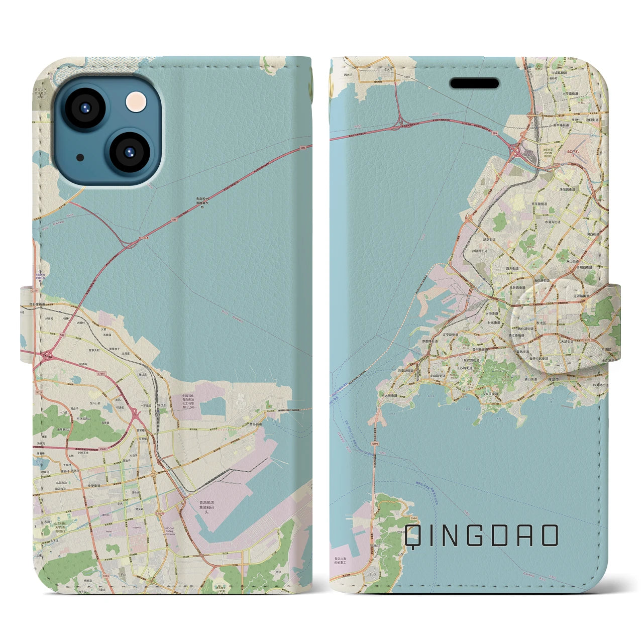 【青島(中華人民共和国)】地図柄iPhoneケース(手帳タイプ)ナチュラル・iPhone 13 用