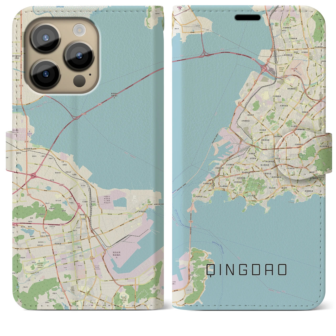 【青島(中華人民共和国)】地図柄iPhoneケース(手帳タイプ)ナチュラル・iPhone 14 Pro Max 用