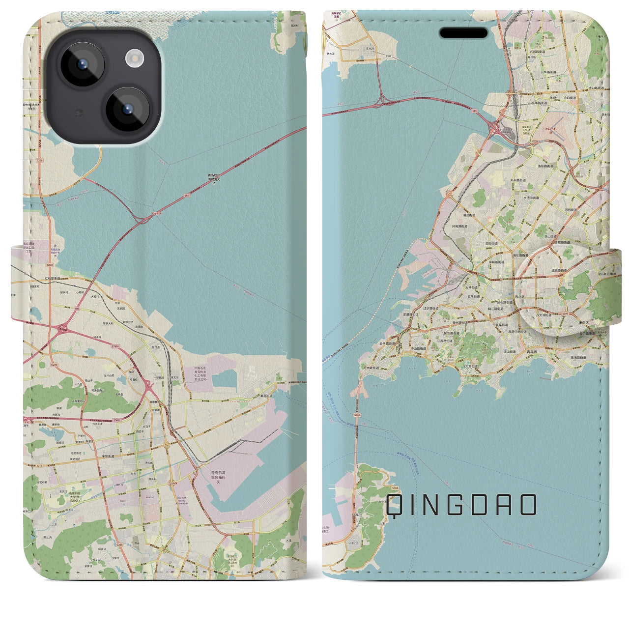 【青島(中華人民共和国)】地図柄iPhoneケース(手帳タイプ)ナチュラル・iPhone 14 Plus 用