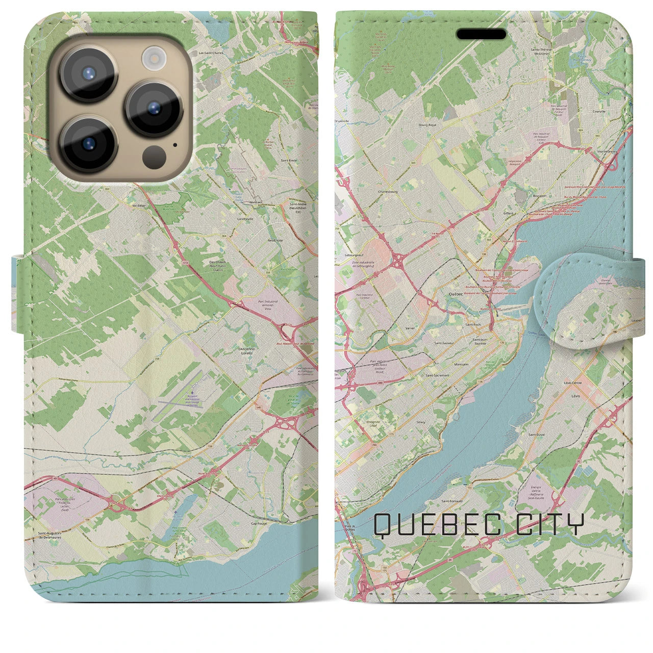 【ケベック・シティー(カナダ)】地図柄iPhoneケース(手帳タイプ)ナチュラル・iPhone 14 Pro Max 用