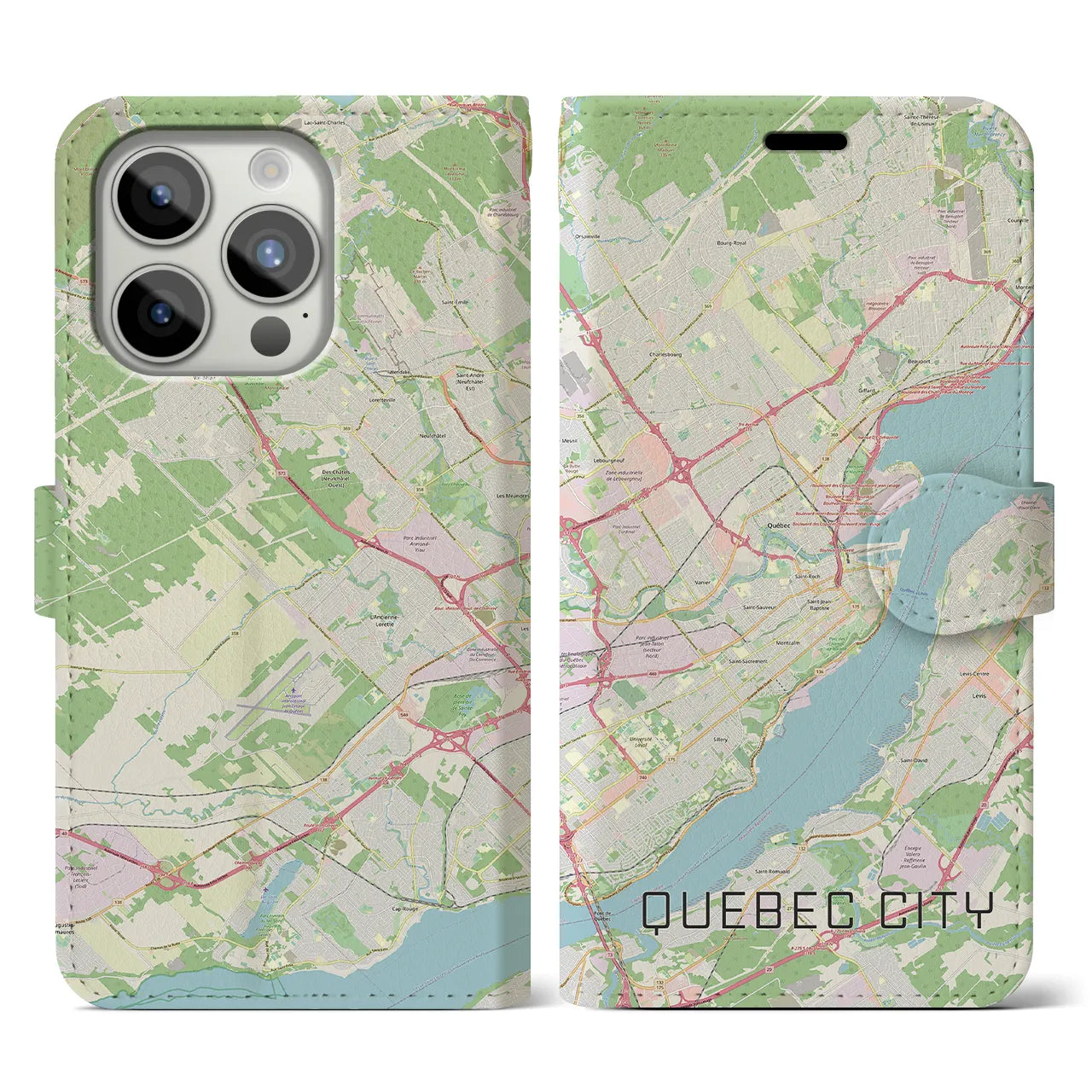 【ケベック・シティー(カナダ)】地図柄iPhoneケース(手帳タイプ)ナチュラル・iPhone 15 Pro 用