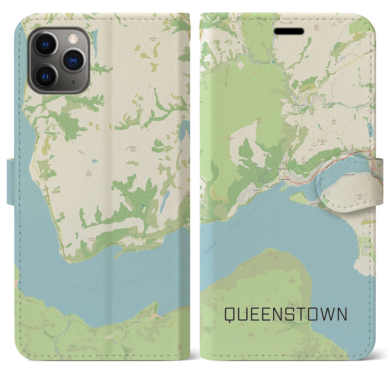 【クイーンズタウン(ニュージーランド)】地図柄iPhoneケース(手帳タイプ)ナチュラル・iPhone 11 Pro Max 用
