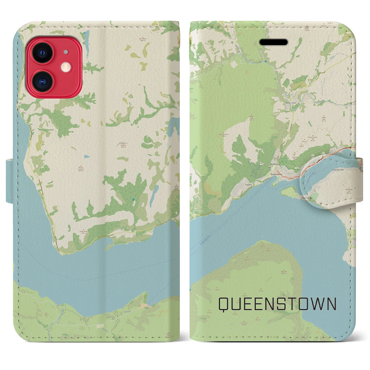【クイーンズタウン(ニュージーランド)】地図柄iPhoneケース(手帳タイプ)ナチュラル・iPhone 11 用