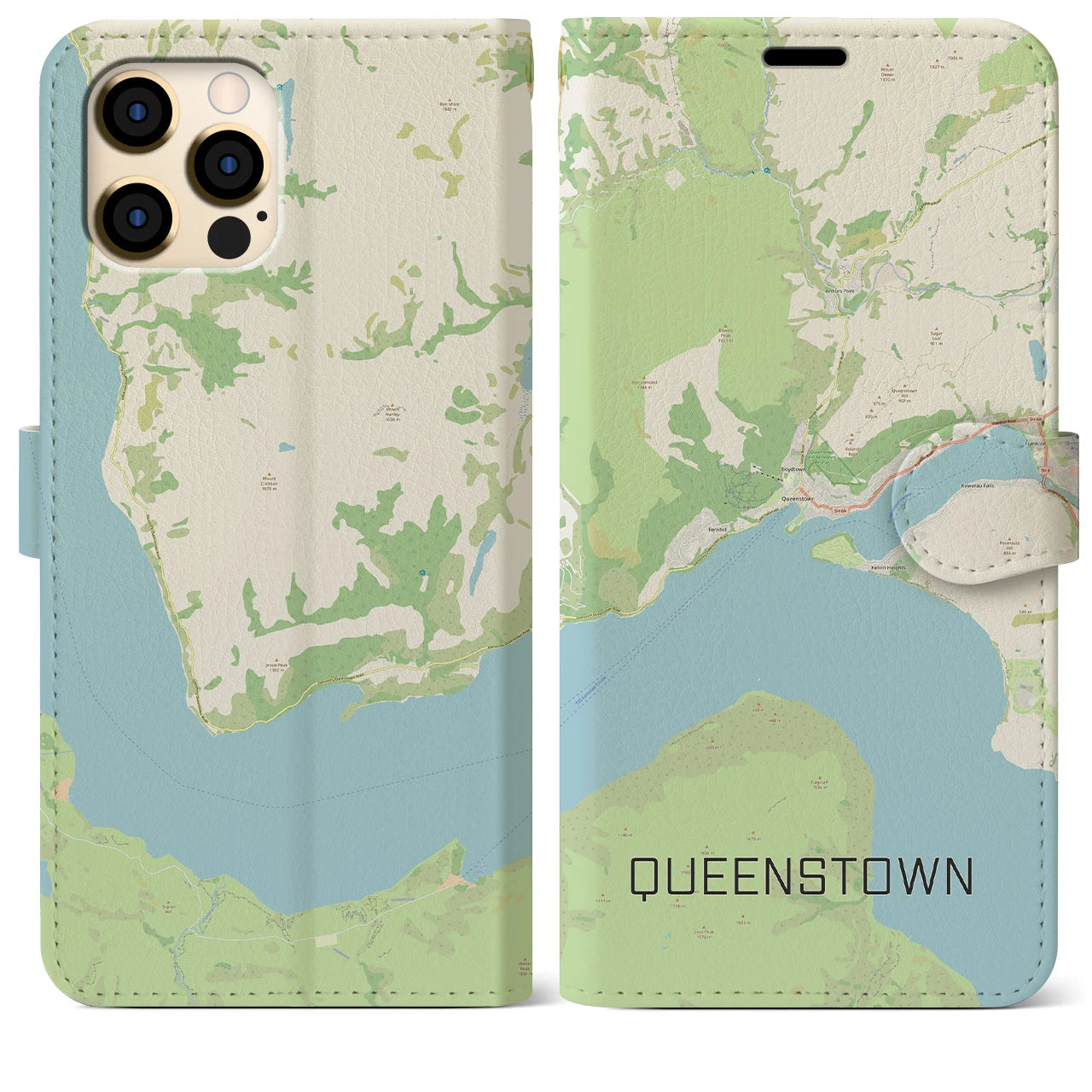 【クイーンズタウン(ニュージーランド)】地図柄iPhoneケース(手帳タイプ)ナチュラル・iPhone 12 Pro Max 用