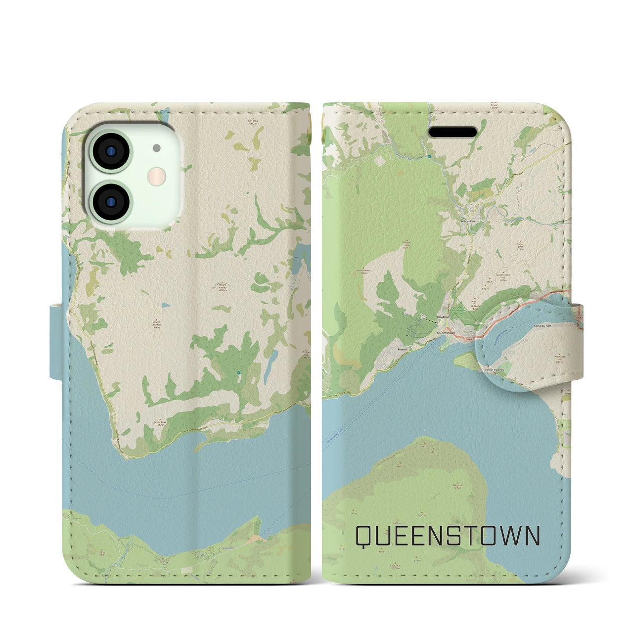 【クイーンズタウン(ニュージーランド)】地図柄iPhoneケース(手帳タイプ)ナチュラル・iPhone 12 mini 用