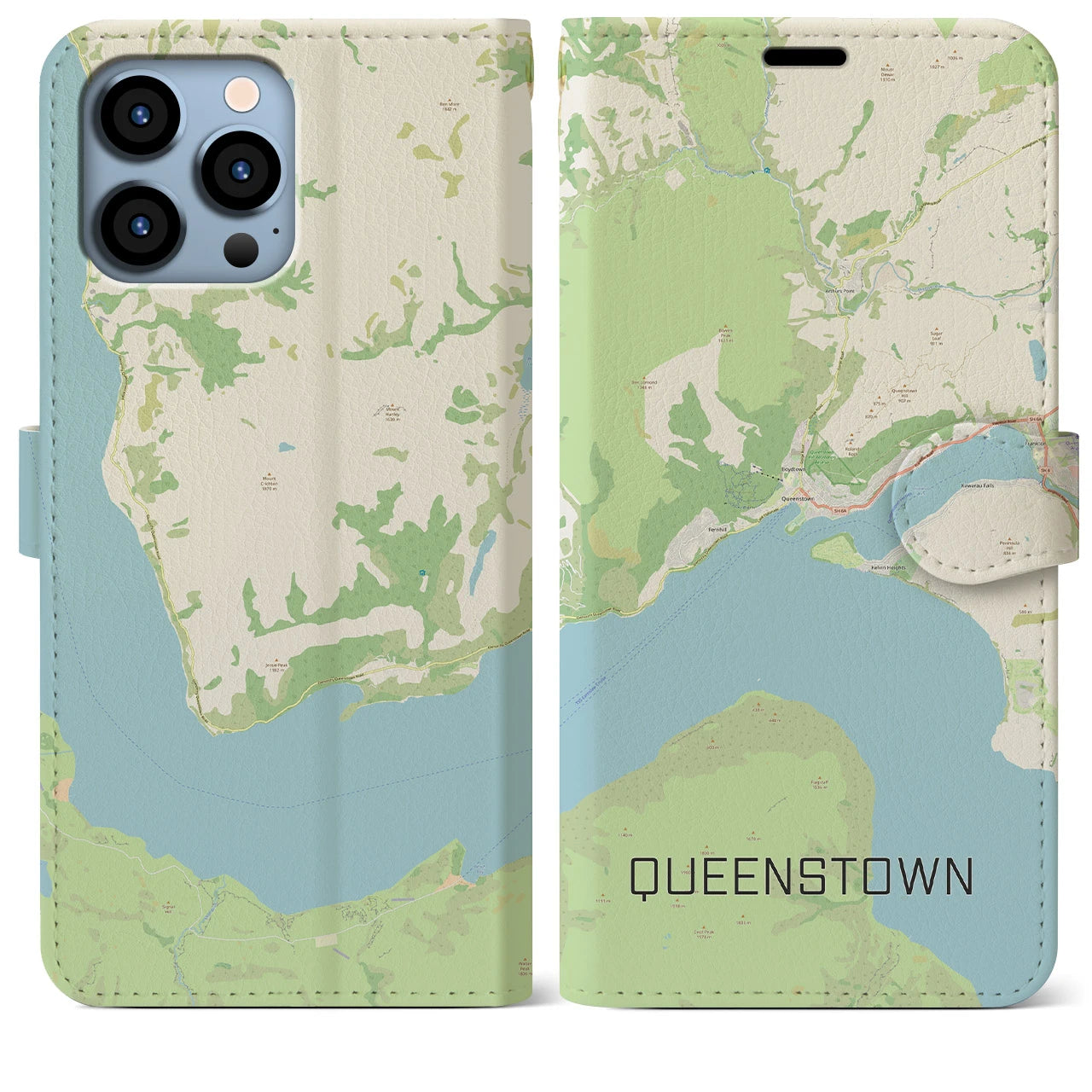 【クイーンズタウン(ニュージーランド)】地図柄iPhoneケース(手帳タイプ)ナチュラル・iPhone 13 Pro Max 用