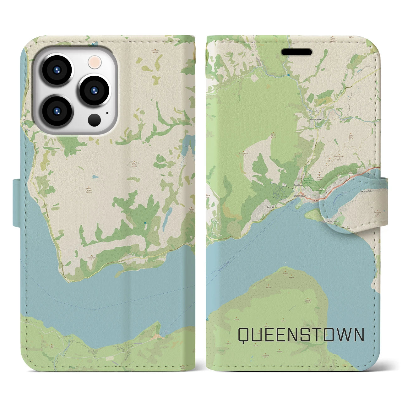 【クイーンズタウン(ニュージーランド)】地図柄iPhoneケース(手帳タイプ)ナチュラル・iPhone 13 Pro 用