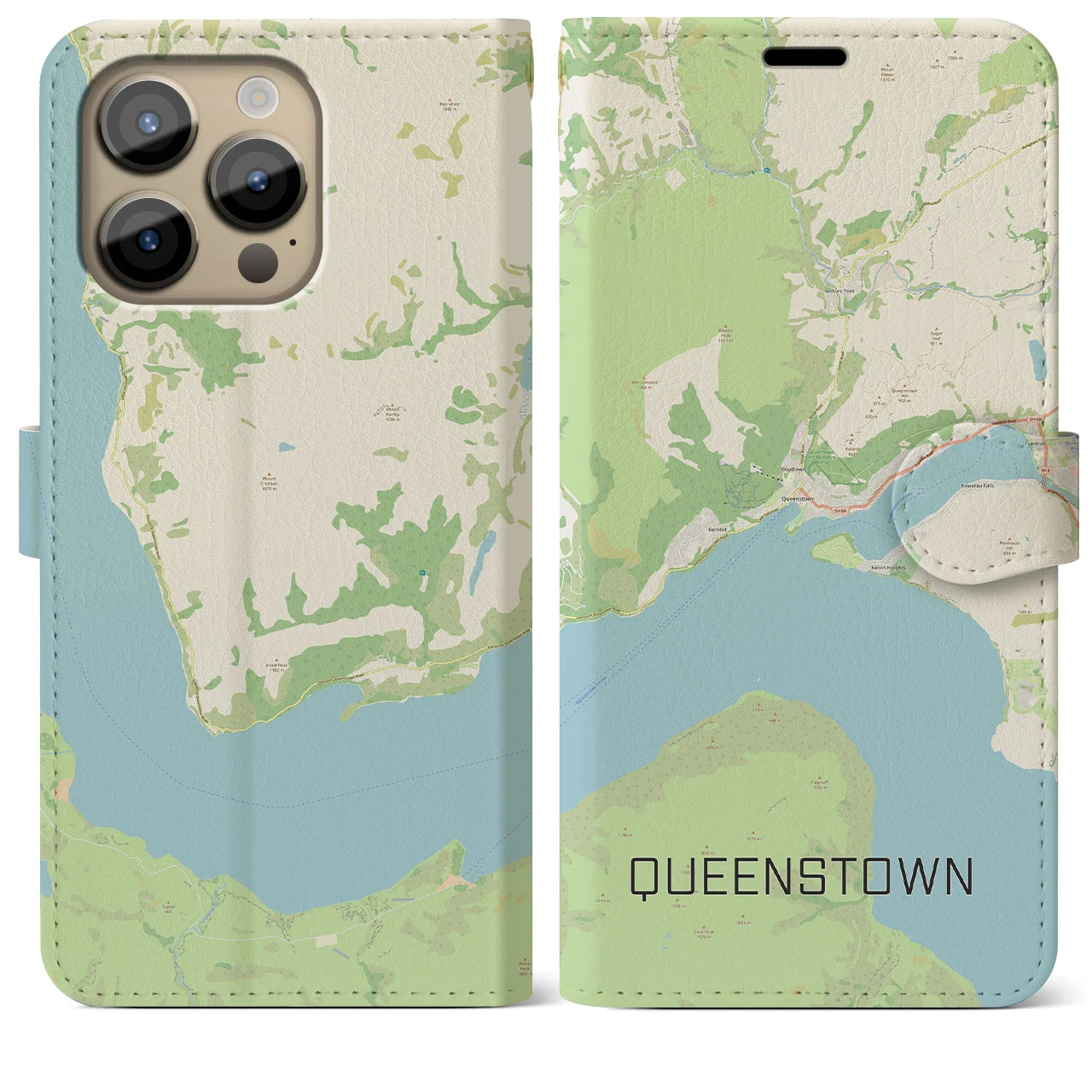 【クイーンズタウン(ニュージーランド)】地図柄iPhoneケース(手帳タイプ)ナチュラル・iPhone 14 Pro Max 用