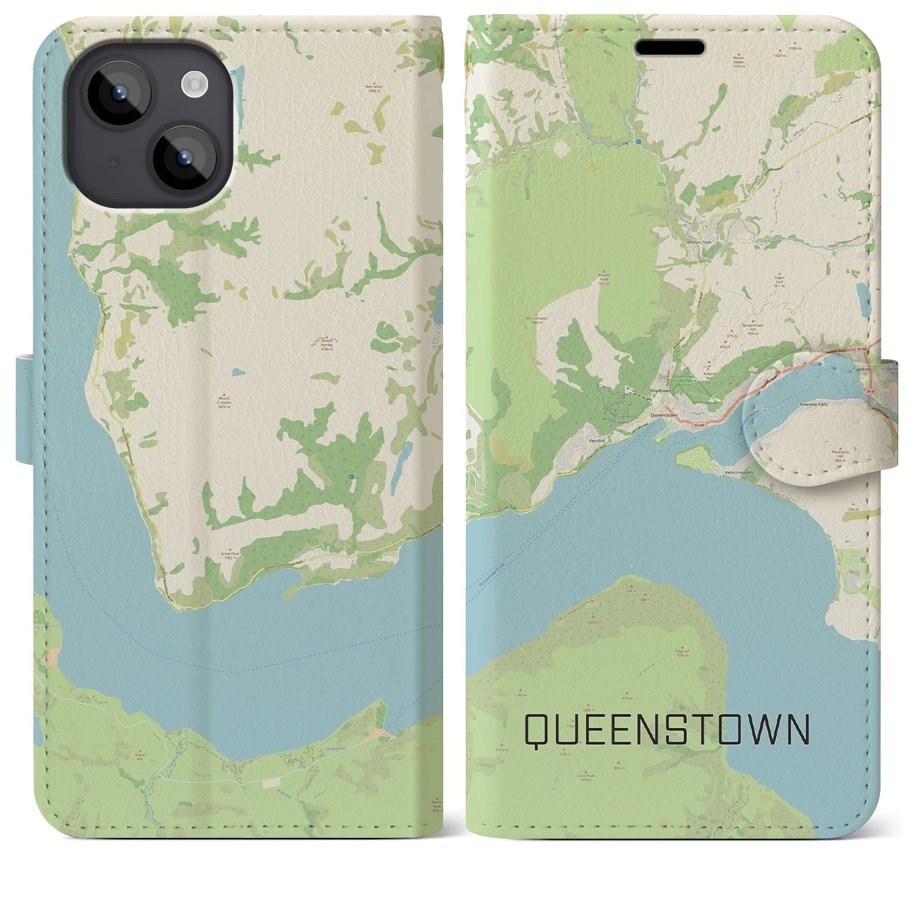 【クイーンズタウン(ニュージーランド)】地図柄iPhoneケース(手帳タイプ)ナチュラル・iPhone 14 Plus 用