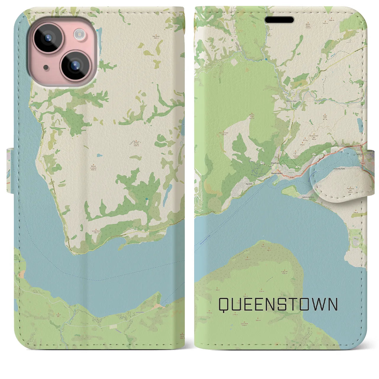 【クイーンズタウン(ニュージーランド)】地図柄iPhoneケース(手帳タイプ)ナチュラル・iPhone 15 Plus 用