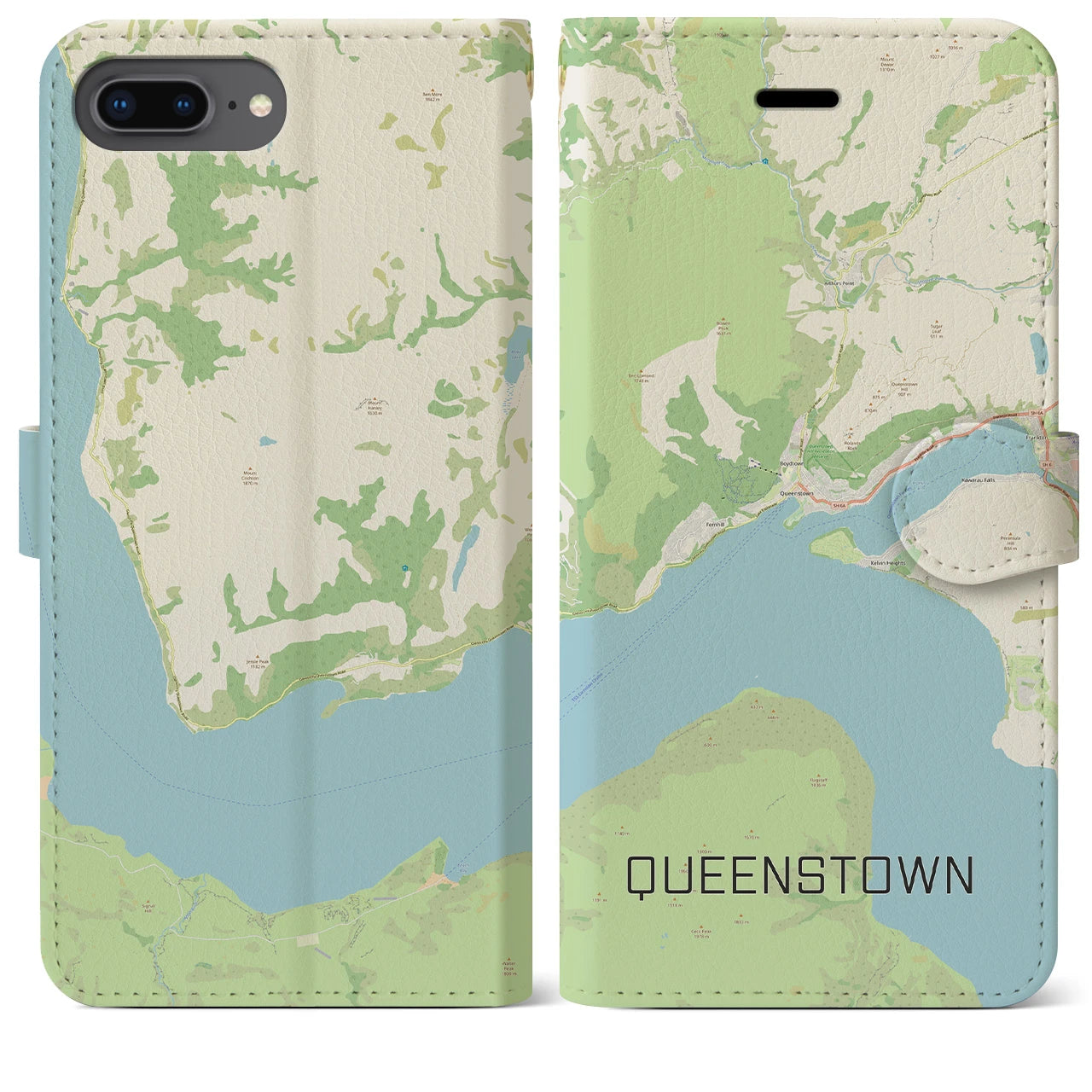【クイーンズタウン(ニュージーランド)】地図柄iPhoneケース(手帳タイプ)ナチュラル・iPhone 8Plus /7Plus / 6sPlus / 6Plus 用
