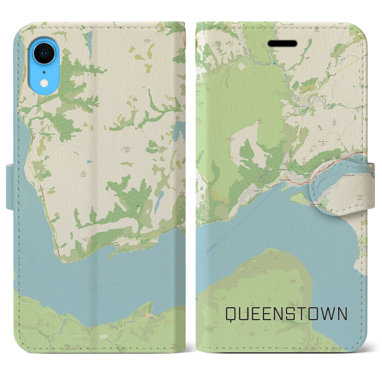 【クイーンズタウン(ニュージーランド)】地図柄iPhoneケース(手帳タイプ)ナチュラル・iPhone XR 用