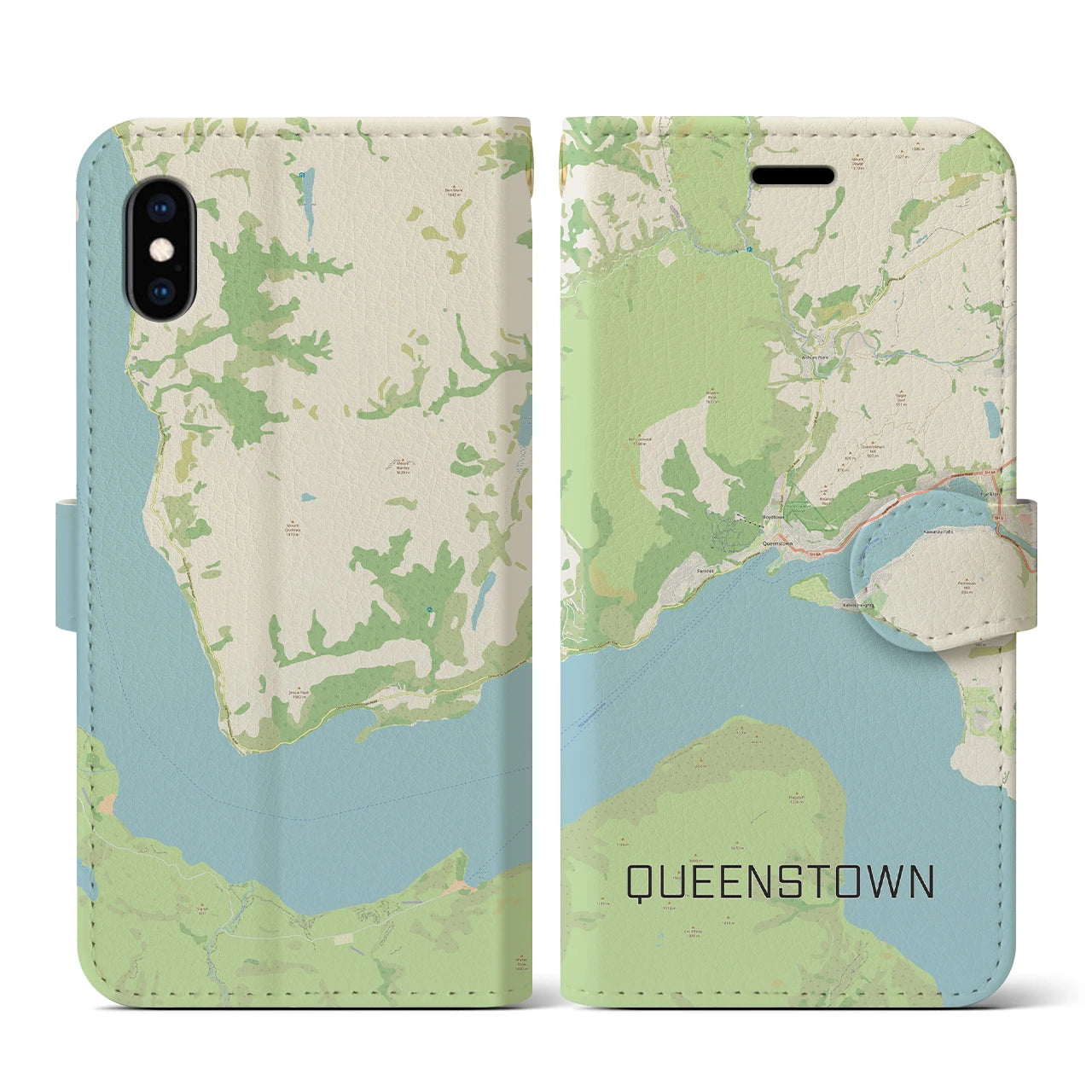 【クイーンズタウン(ニュージーランド)】地図柄iPhoneケース(手帳タイプ)ナチュラル・iPhone XS / X 用