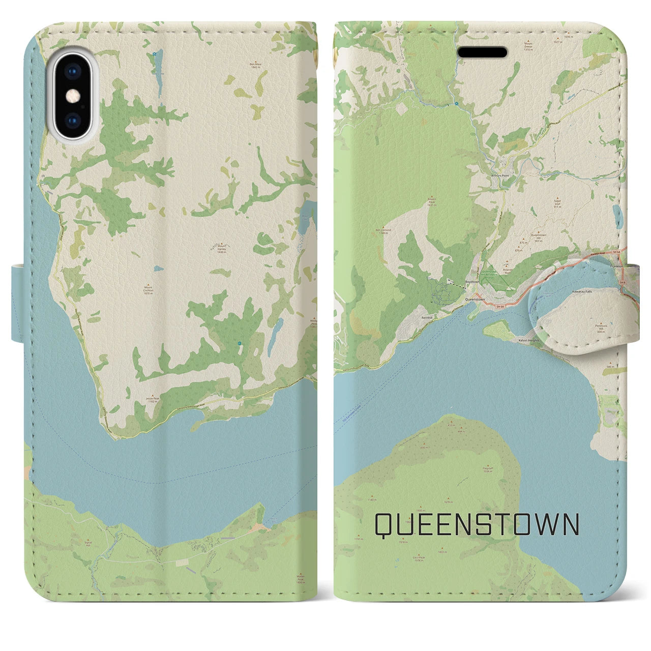 【クイーンズタウン(ニュージーランド)】地図柄iPhoneケース(手帳タイプ)ナチュラル・iPhone XS Max 用