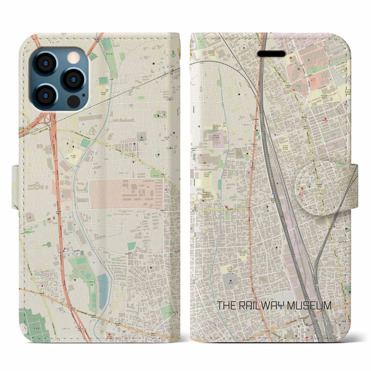 【鉄道博物館(埼玉県)】地図柄iPhoneケース(手帳タイプ)ナチュラル・iPhone 12 / 12 Pro 用