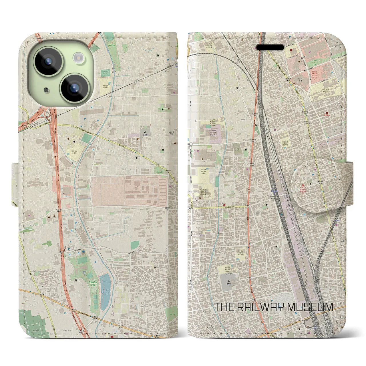 【鉄道博物館(埼玉県)】地図柄iPhoneケース(手帳タイプ)ナチュラル・iPhone 15 用