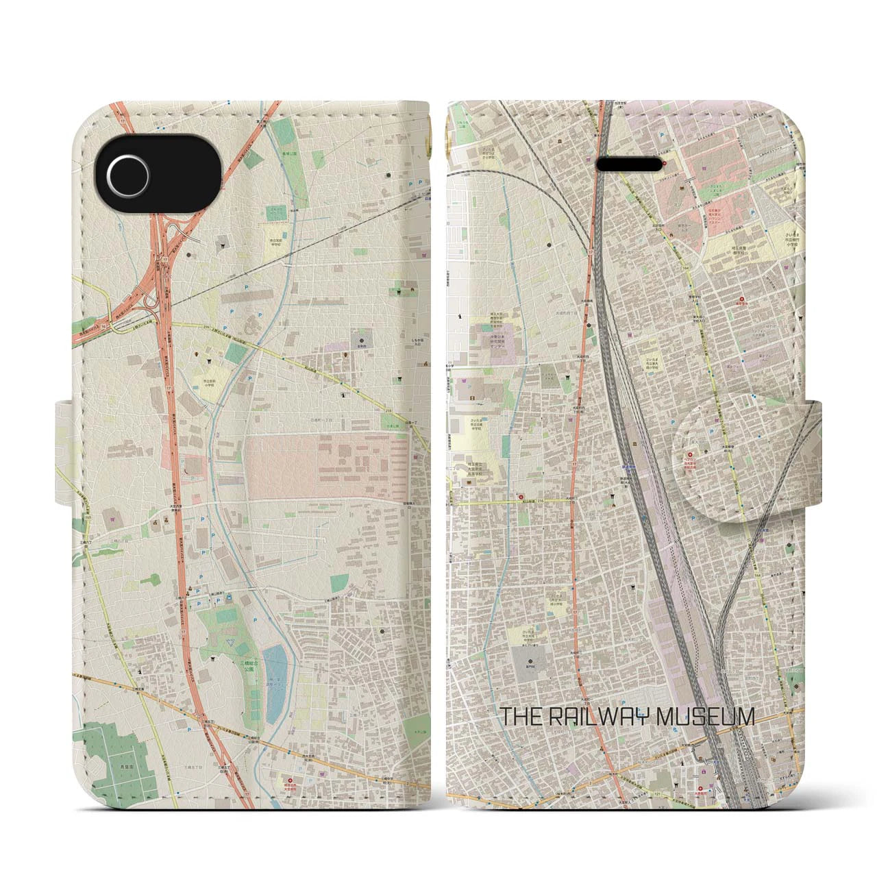 【鉄道博物館(埼玉県)】地図柄iPhoneケース(手帳タイプ)ナチュラル・iPhone SE(第3 / 第2世代) / 8 / 7 / 6s / 6 用