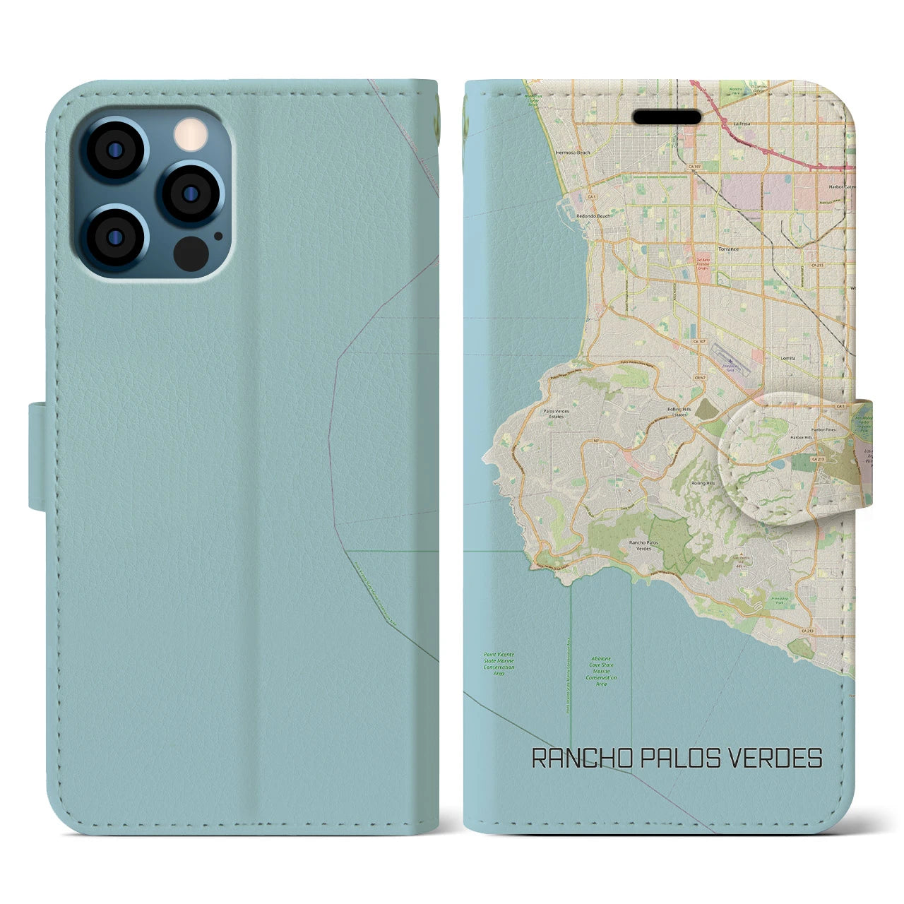【ランチョ・パロス・ベルデス(アメリカ)】地図柄iPhoneケース(手帳タイプ)ナチュラル・iPhone 12 / 12 Pro 用