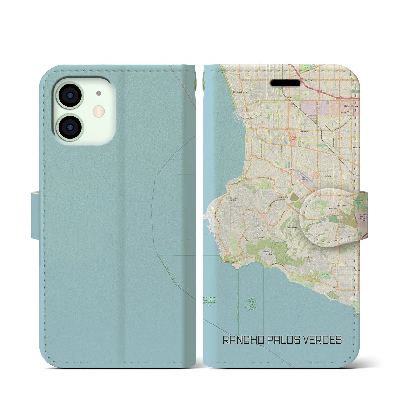 【ランチョ・パロス・ベルデス(アメリカ)】地図柄iPhoneケース(手帳タイプ)ナチュラル・iPhone 12 mini 用