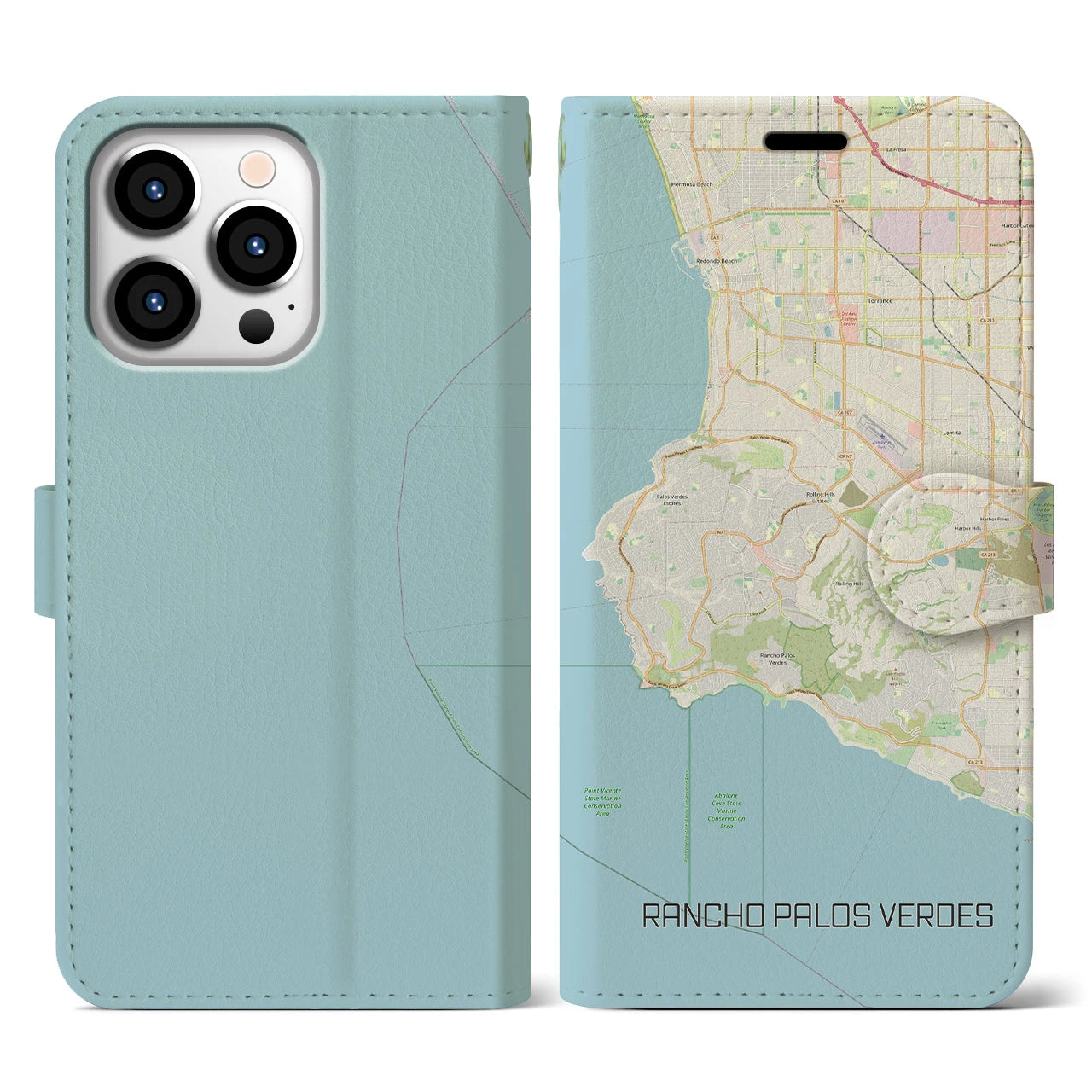 【ランチョ・パロス・ベルデス(アメリカ)】地図柄iPhoneケース(手帳タイプ)ナチュラル・iPhone 13 Pro 用