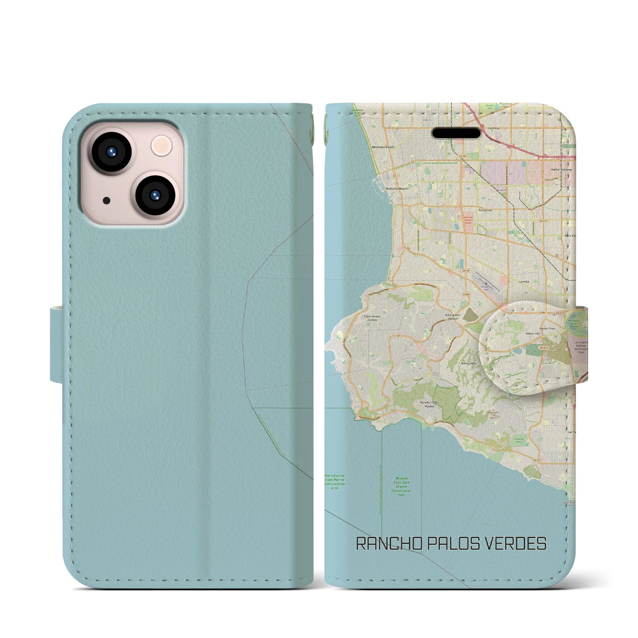【ランチョ・パロス・ベルデス(アメリカ)】地図柄iPhoneケース(手帳タイプ)ナチュラル・iPhone 13 mini 用