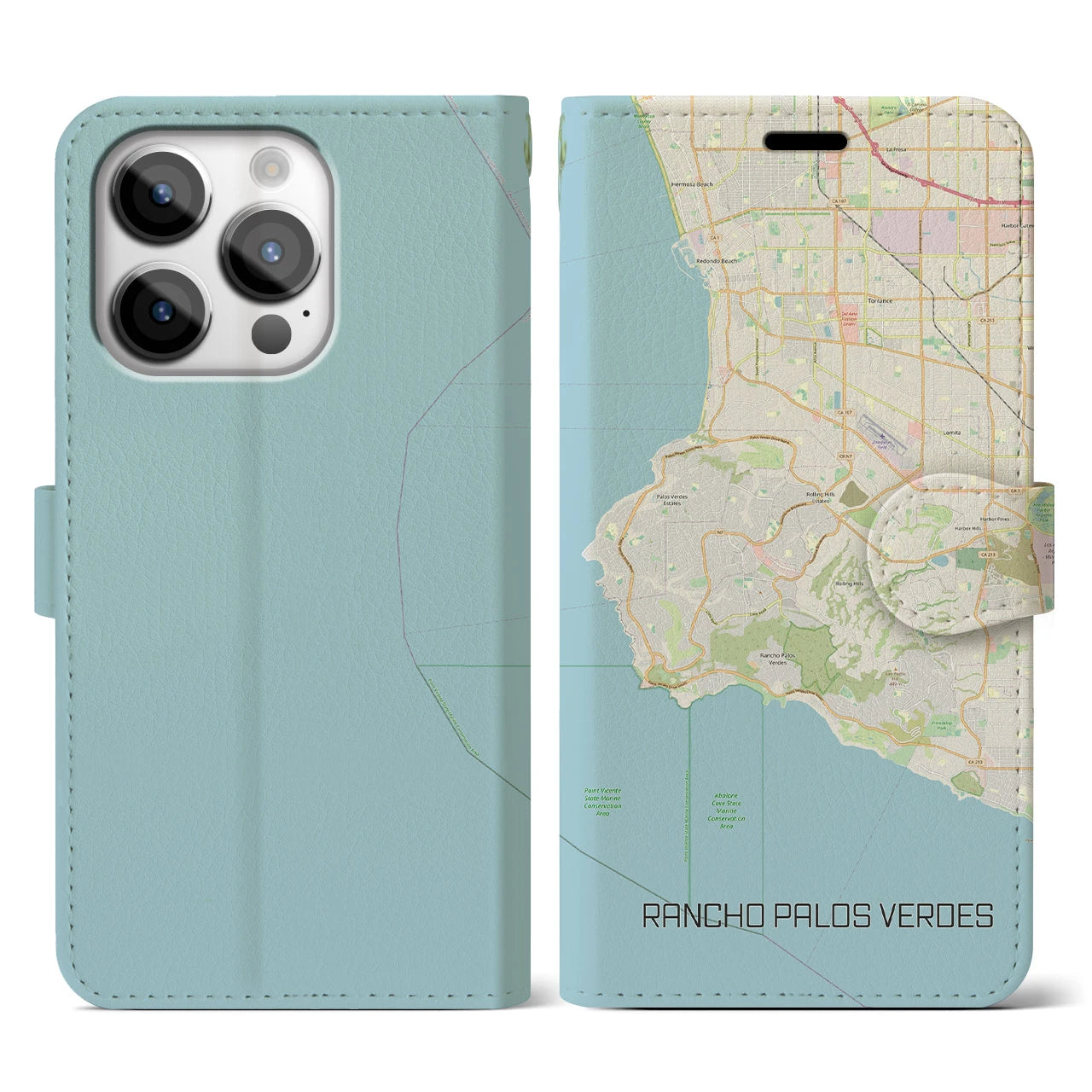 【ランチョ・パロス・ベルデス(アメリカ)】地図柄iPhoneケース(手帳タイプ)ナチュラル・iPhone 14 Pro 用