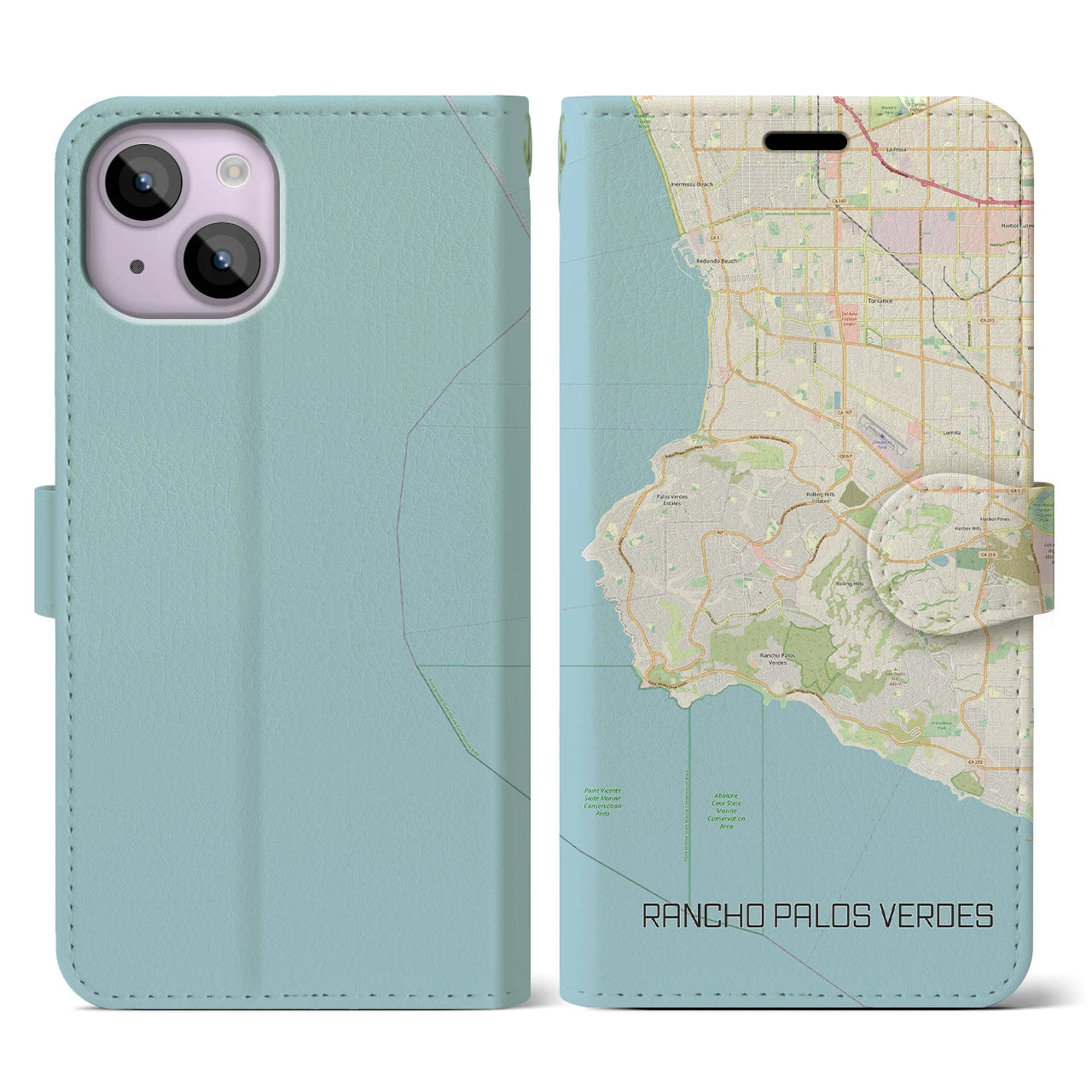 【ランチョ・パロス・ベルデス(アメリカ)】地図柄iPhoneケース(手帳タイプ)ナチュラル・iPhone 14 用