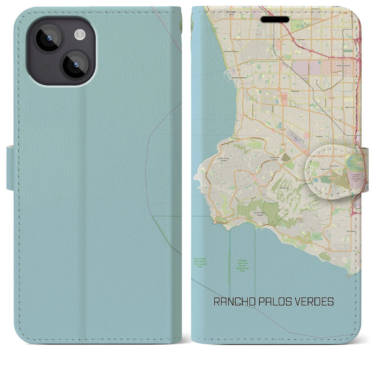 【ランチョ・パロス・ベルデス(アメリカ)】地図柄iPhoneケース(手帳タイプ)ナチュラル・iPhone 14 Plus 用