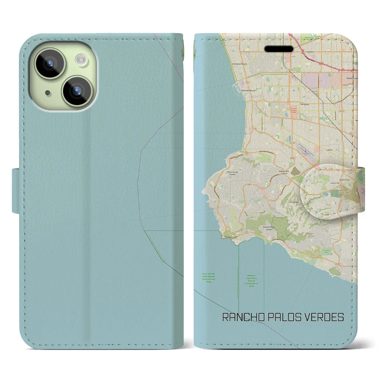 【ランチョ・パロス・ベルデス(アメリカ)】地図柄iPhoneケース(手帳タイプ)ナチュラル・iPhone 15 用