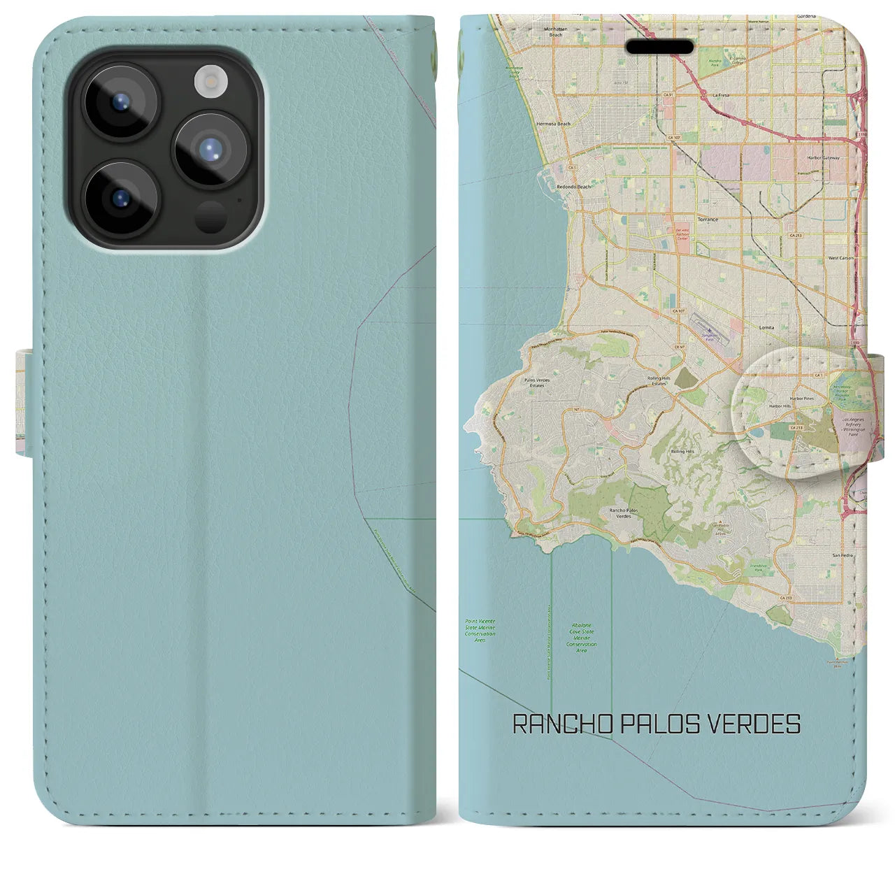 【ランチョ・パロス・ベルデス(アメリカ)】地図柄iPhoneケース(手帳タイプ)ナチュラル・iPhone 15 Pro Max 用