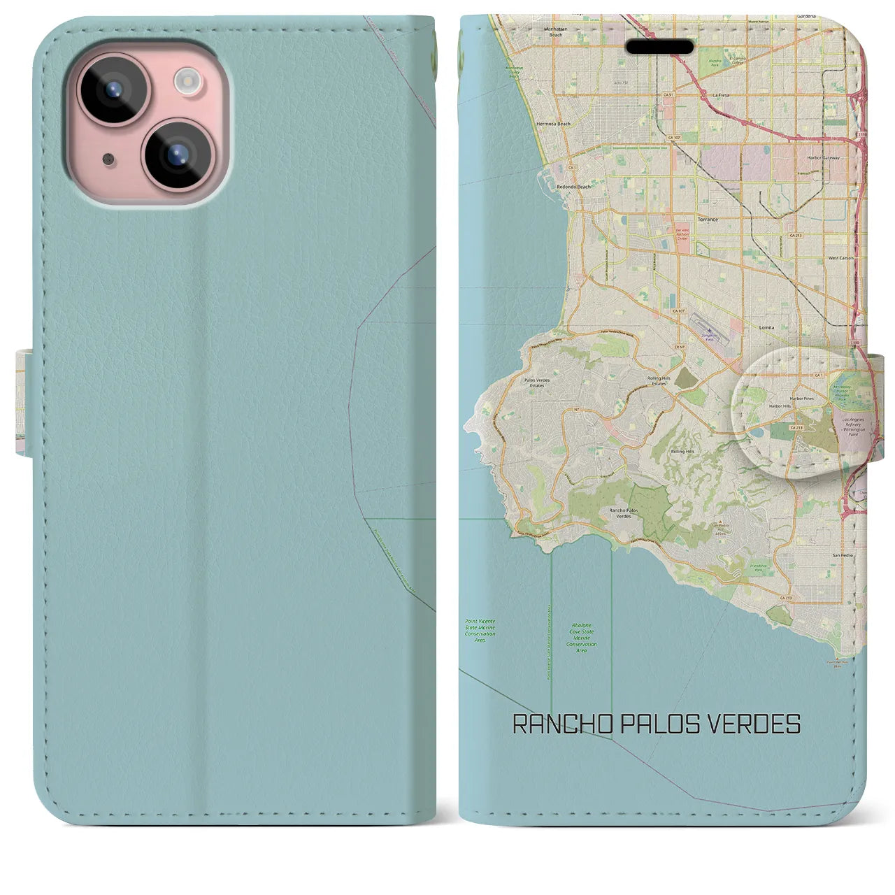 【ランチョ・パロス・ベルデス(アメリカ)】地図柄iPhoneケース(手帳タイプ)ナチュラル・iPhone 15 Plus 用