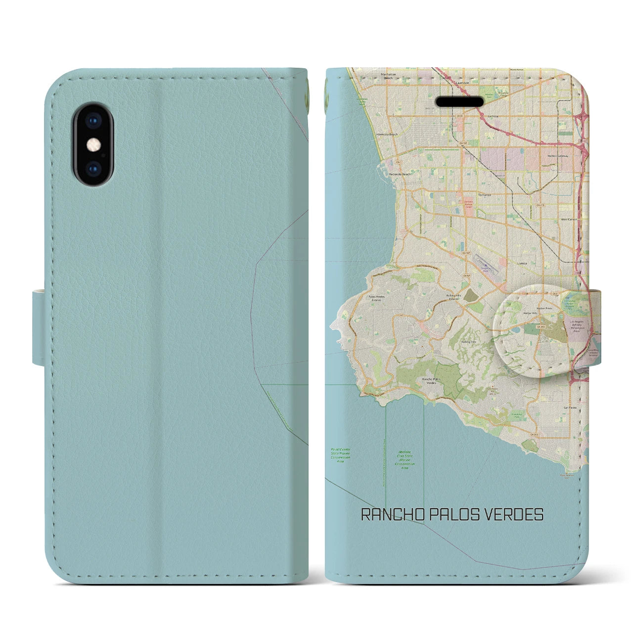 【ランチョ・パロス・ベルデス(アメリカ)】地図柄iPhoneケース(手帳タイプ)ナチュラル・iPhone XS / X 用