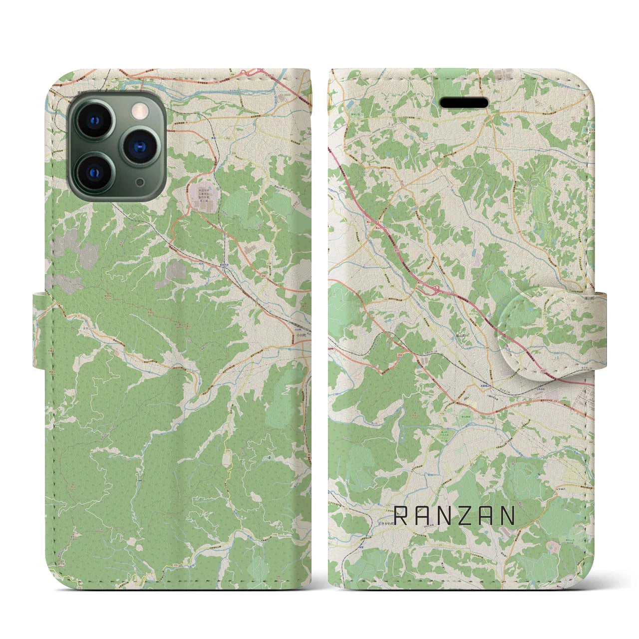 【嵐山(埼玉県)】地図柄iPhoneケース(手帳タイプ)ナチュラル・iPhone 11 Pro 用