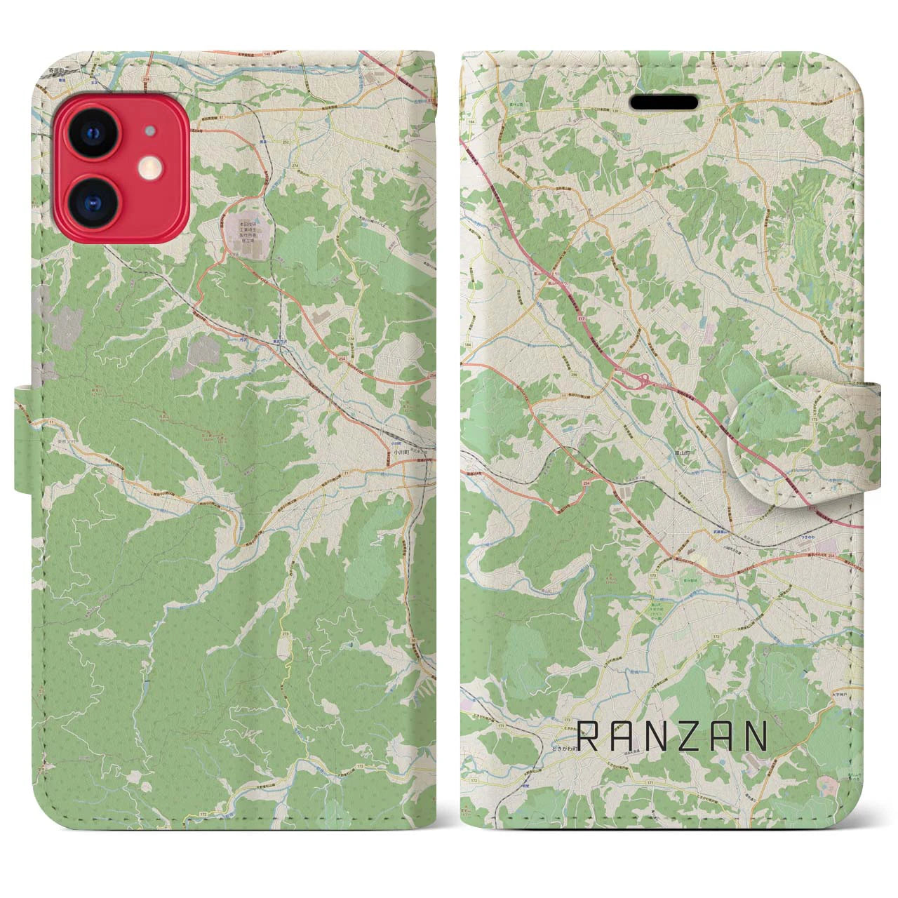 【嵐山(埼玉県)】地図柄iPhoneケース(手帳タイプ)ナチュラル・iPhone 11 用