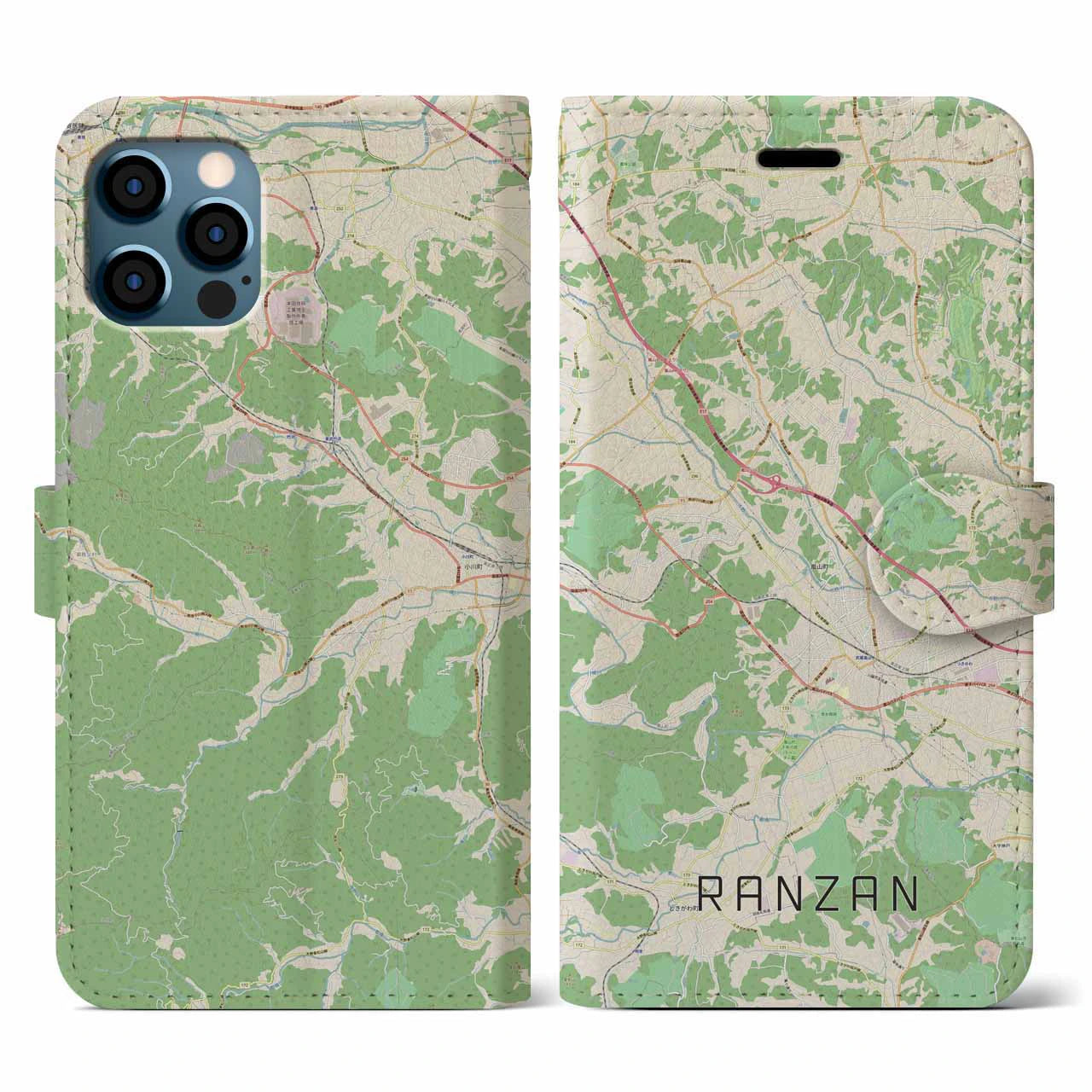 【嵐山(埼玉県)】地図柄iPhoneケース(手帳タイプ)ナチュラル・iPhone 12 / 12 Pro 用